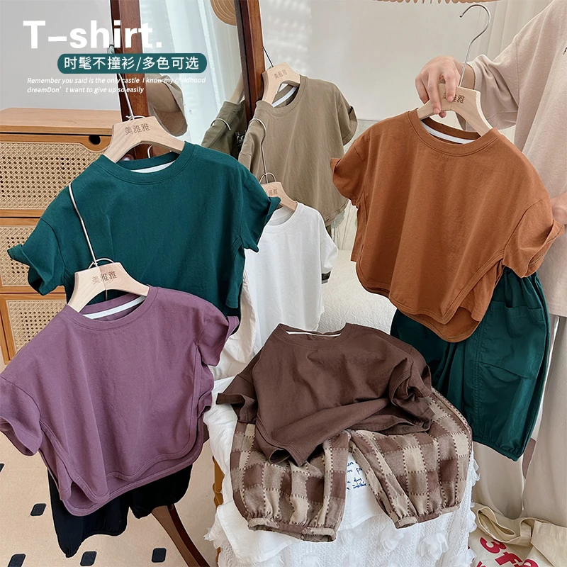 《夏上新》t恤洋气夏装TR151男女童麻棉短袖韩版儿童凉快透气