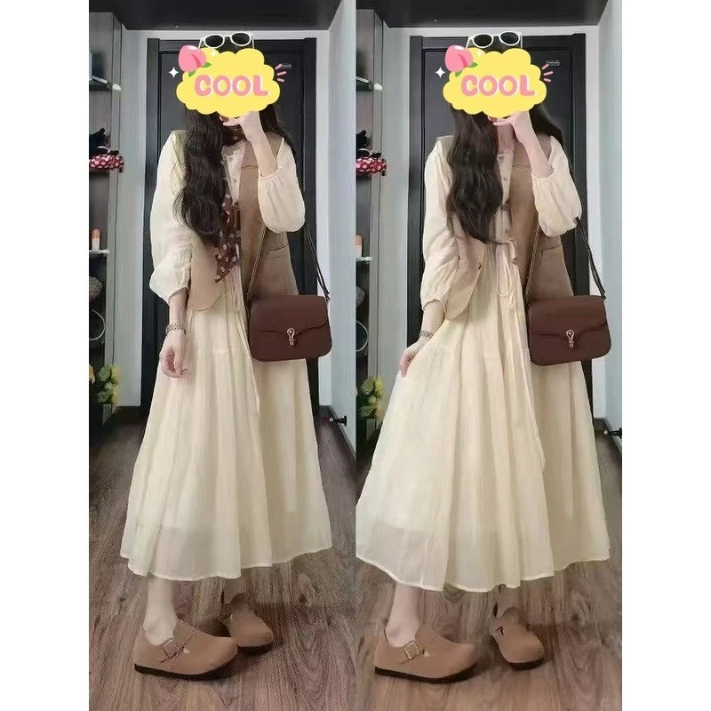 大码初秋叠穿马甲长袖连衣裙微胖显瘦时尚两件套5963#