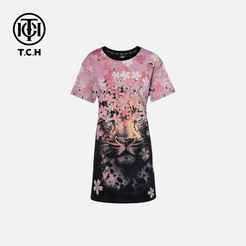 TCH轻奢烫钻工艺时尚气质樱花老虎黑色T恤裙女T75B306057私服tch
