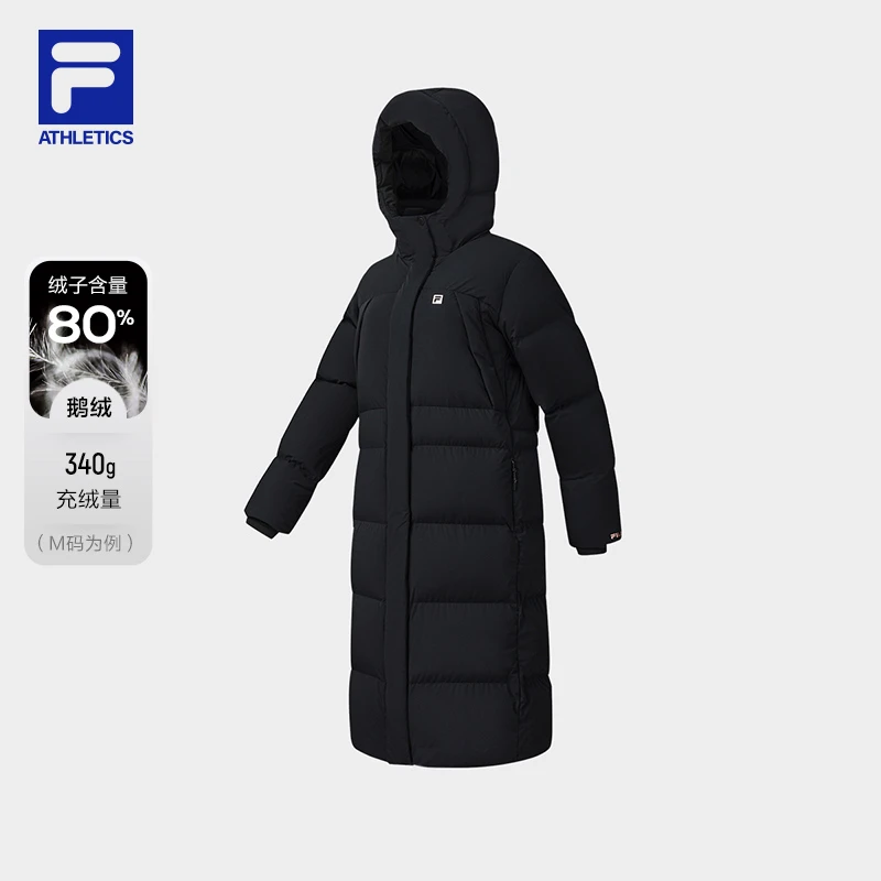 Fila/斐乐女子高蓬松加厚保暖鹅绒运动连帽长款羽绒服A51W541907F