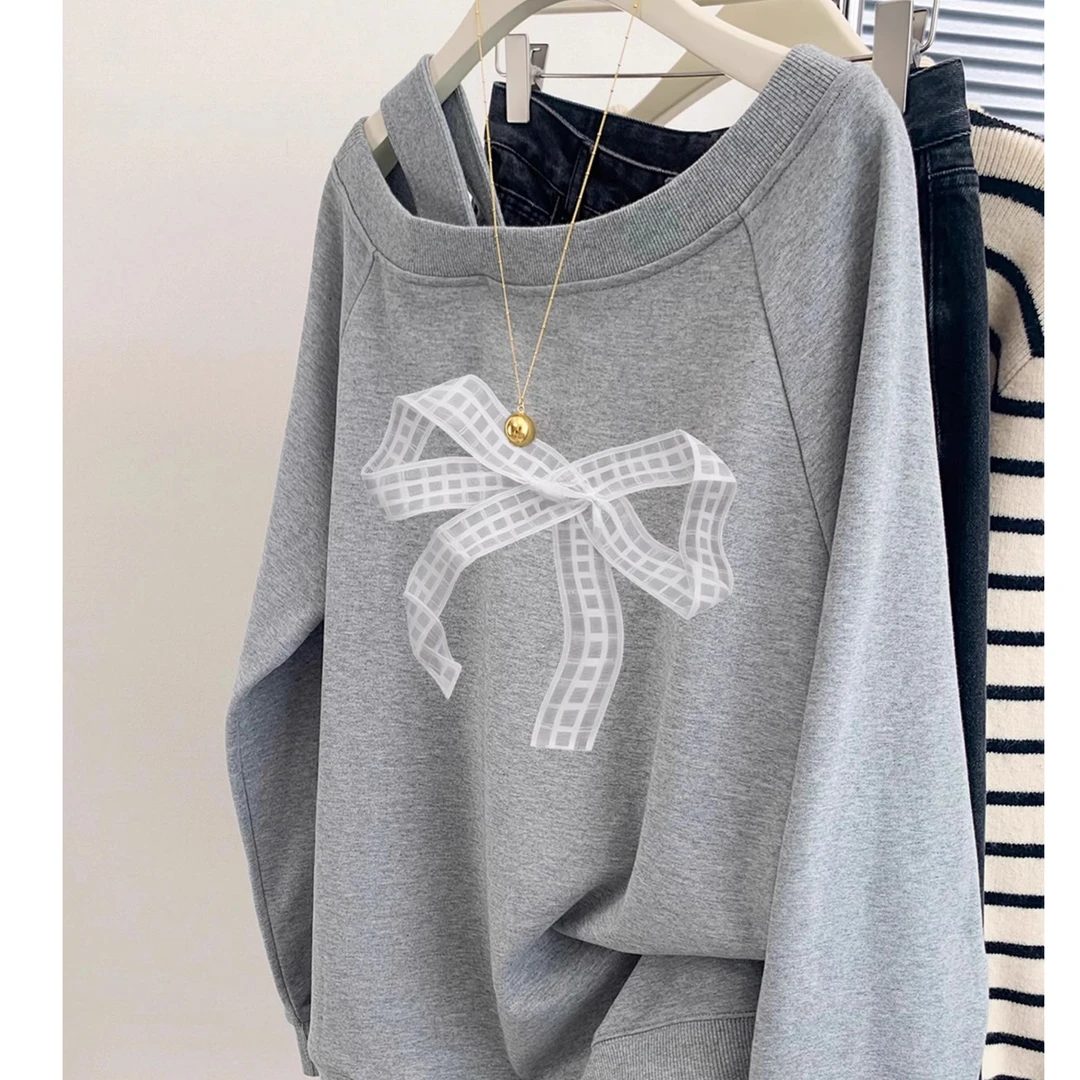 宽松露肩长袖卫衣女装秋冬2025新款设计感时尚百搭小众套头上衣潮