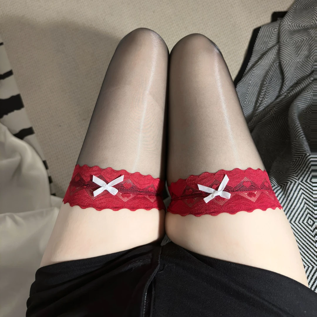 3D薄款隐形性感极光油亮性感过膝长筒丝袜女蕾丝油光撞色美腿丝袜