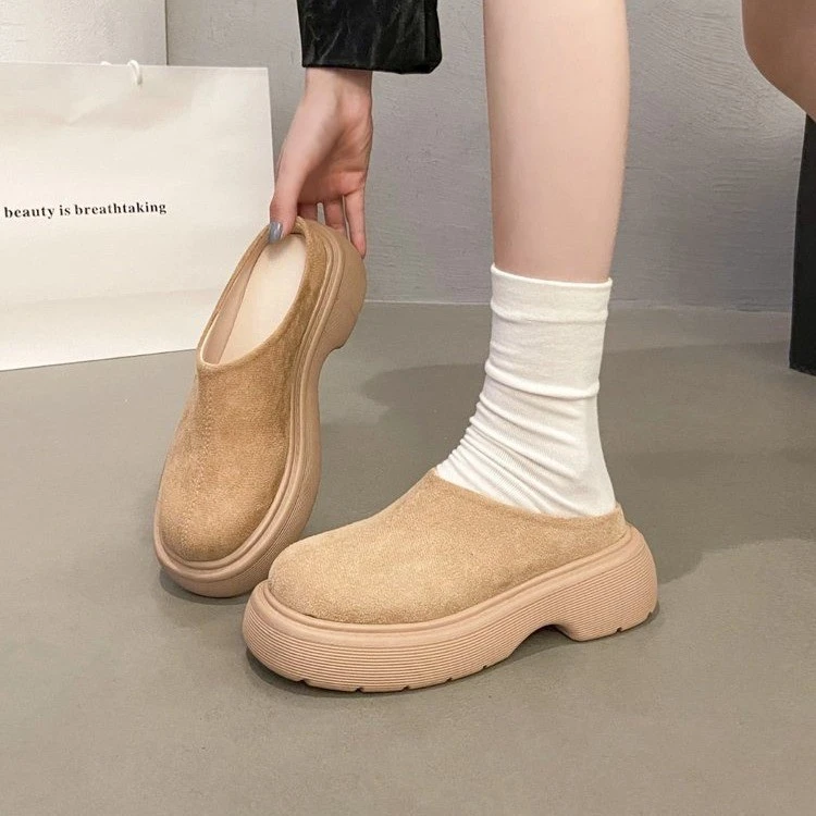 松糕底休闲厚底包头半拖鞋女秋冬外穿2025粗跟复古松糕懒人一脚蹬