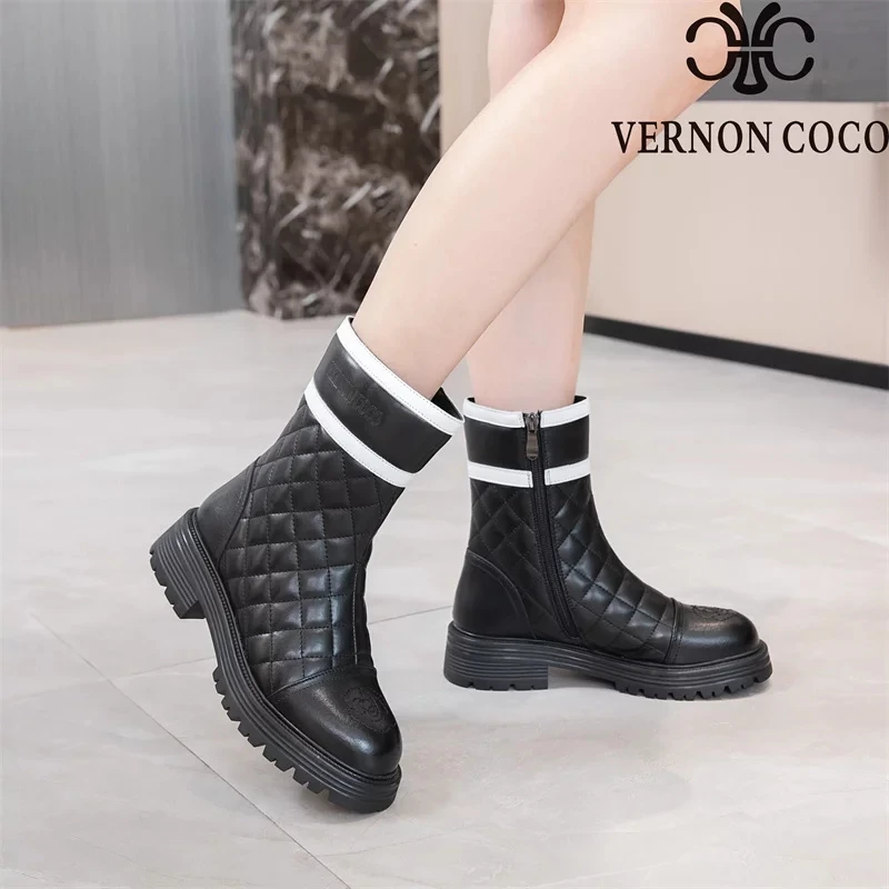 VERNONCOCO拼色前拉链冬季防滑时尚雪地靴保暖鞋秋冬平底
