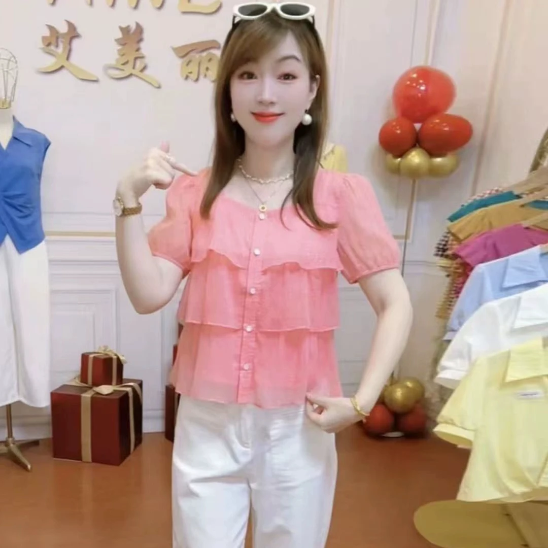 时尚方领短袖衬衫女2025夏季新款洋气显瘦减龄遮肚子珠光细闪上衣