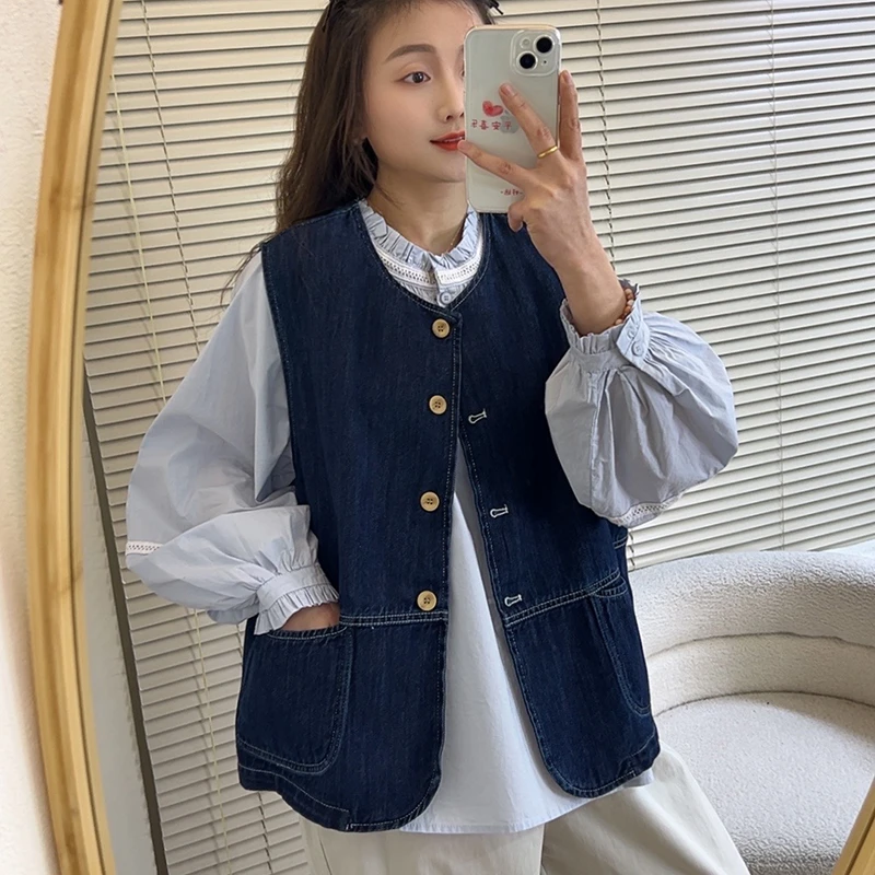 日系复古百搭牛仔马甲女春秋休闲宽松外穿马夹背心小个子外套上衣