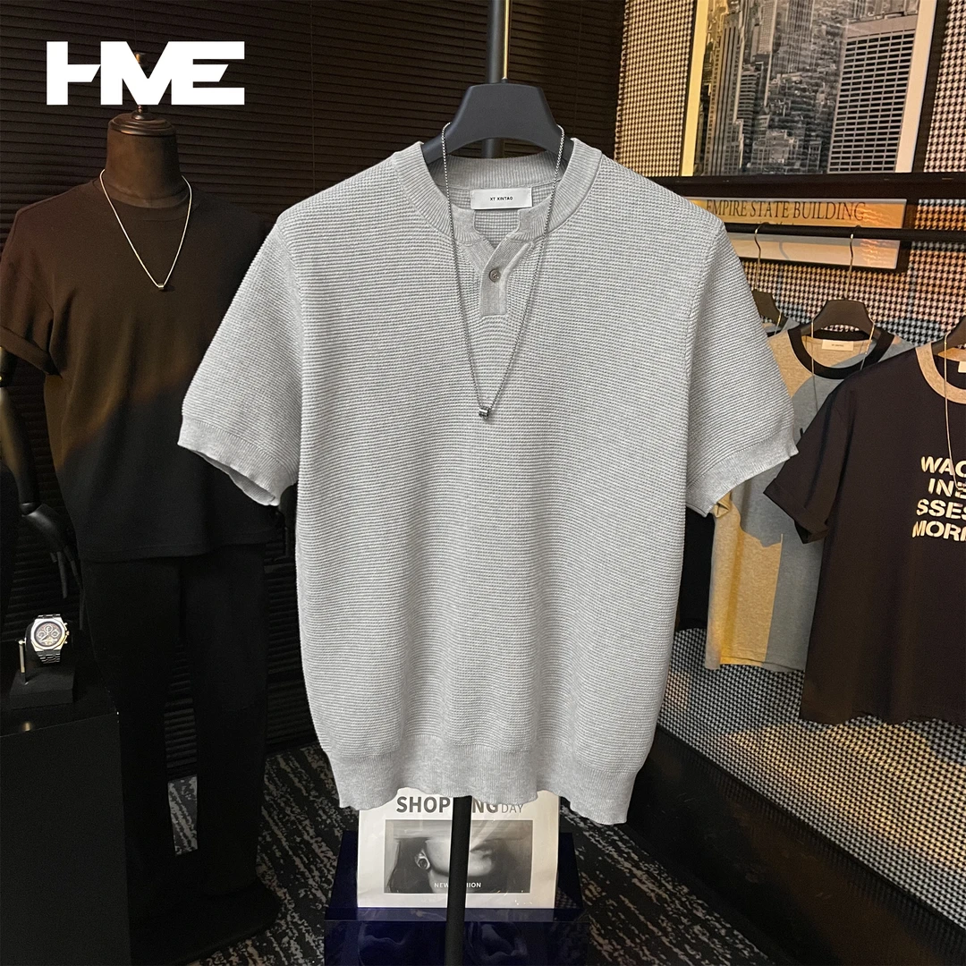 【HMEYAO】男士夏季高定原创透气亲肤百搭日常亨利领纽扣短袖上衣