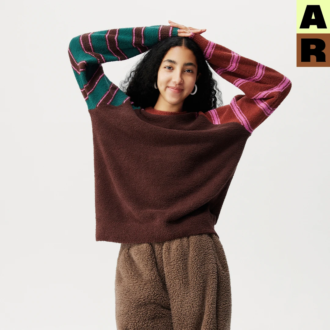 AR不对称条条半边绒家居服可外穿休闲套头针织衫新款保暖毛衣【自】