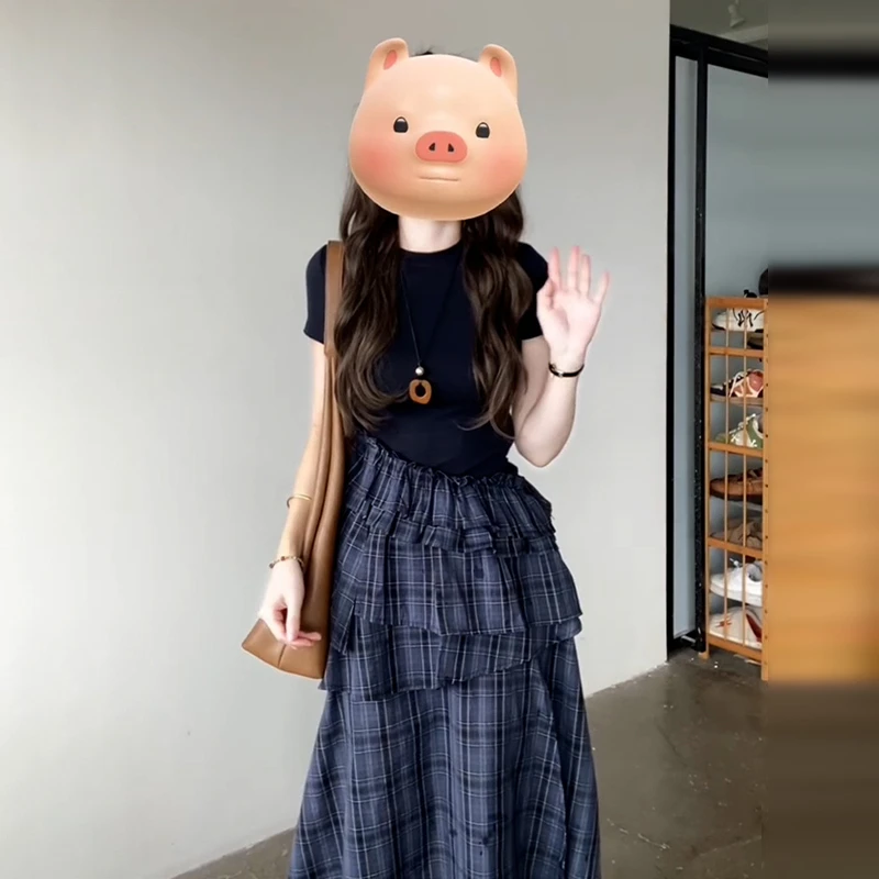 3436蓝色格纹连衣裙子女夏季流行爆款不规则独特漂亮掐腰长裙