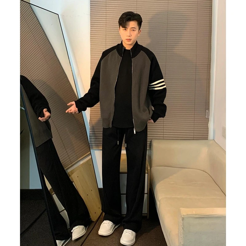 拼接撞色条纹开衫毛衣男秋冬成熟痞帅男装立领高级感针织衫外套潮