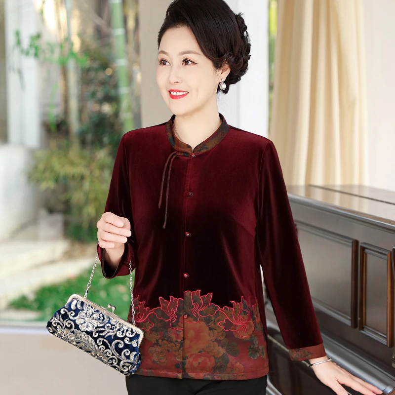 中老年人秋装女金丝绒唐装绣花上衣妈妈春秋宽松国风衬衫奶奶衣服