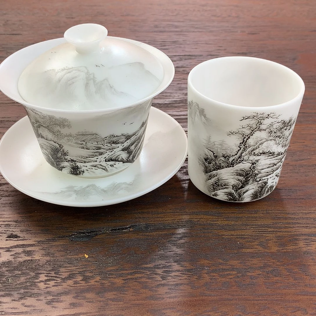 冰种素烧手绘盖碗主人杯