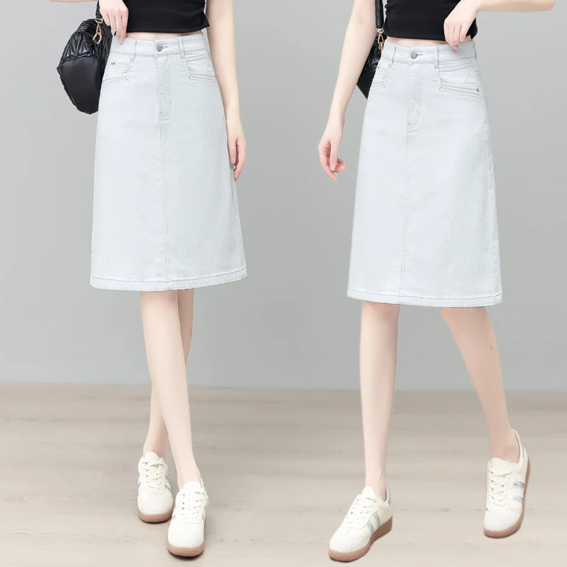 薄款莫兰迪灰牛仔半身裙女2025夏季新款高腰显瘦A字裙后开叉中裙