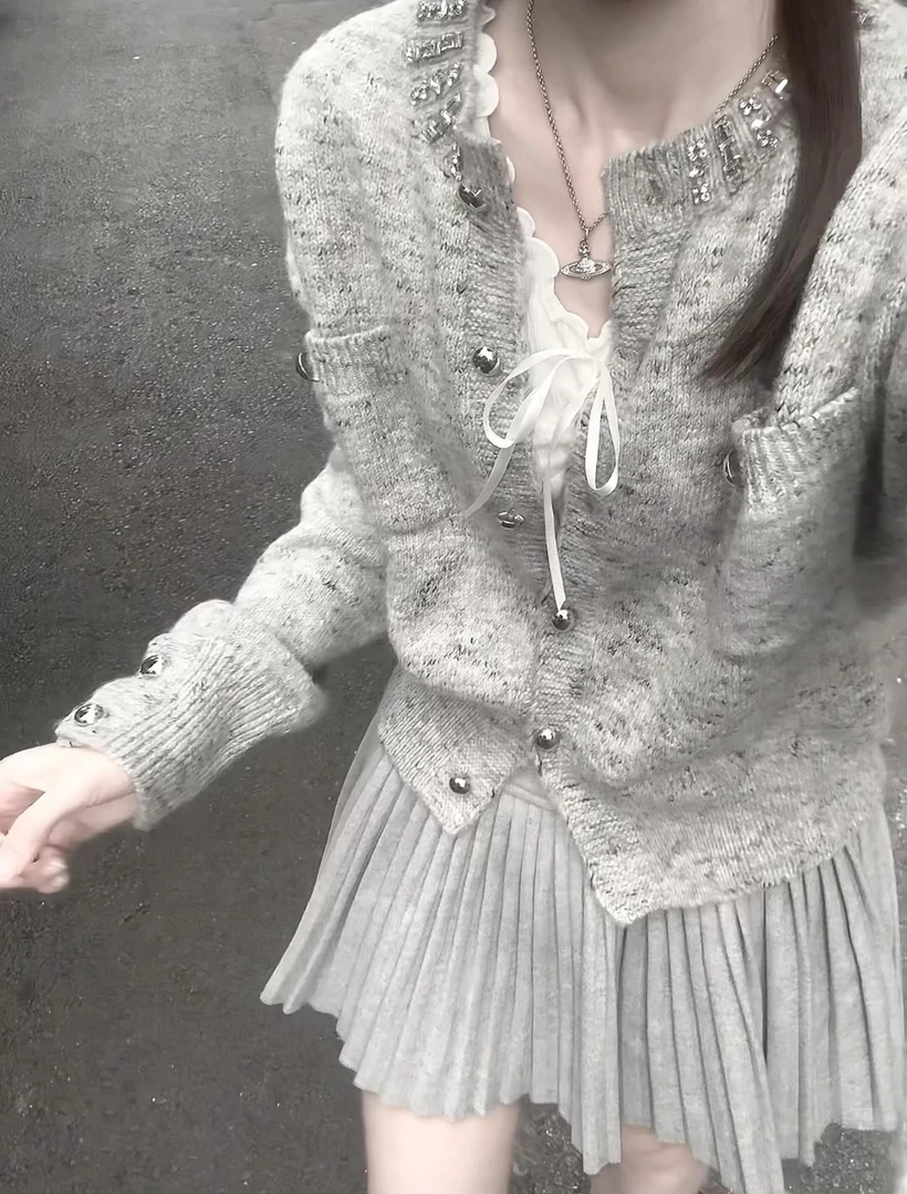 小众设计灰色毛衣开衫女2025秋季新款独特超好看高级感针织短外套