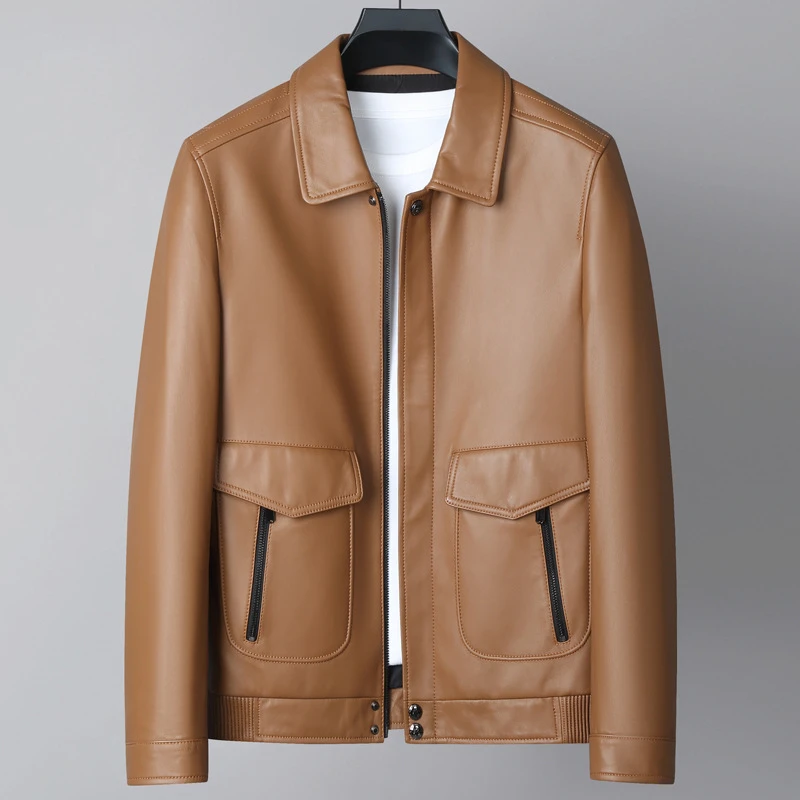 品质头层绵羊皮短款男士皮夹克春秋新款翻领中青年真皮皮衣男外套