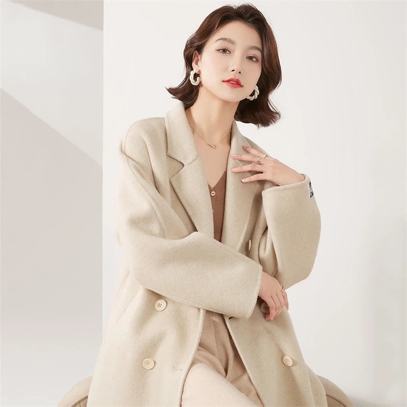 金菊【绵羊毛大衣】羊毛混纺双面呢经典纯色通勤西装领外套女式大衣