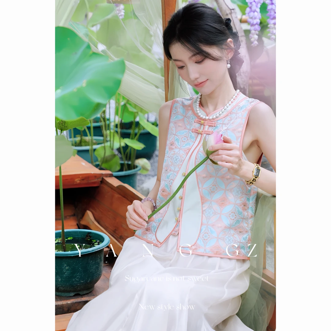 YANG GZ【半遮面】新中式琵琶铜钱纹圆领开衫马甲女 GZ5152GL657014