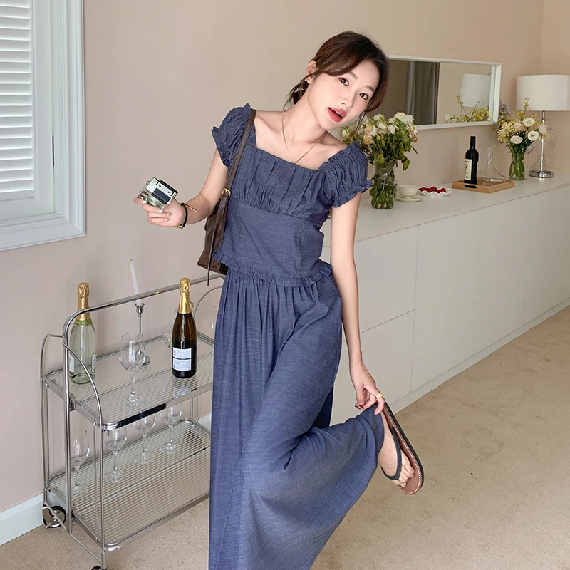 冰丝牛仔时尚半身裙套装女夏季2025新款法式复古泡泡袖上衣两件套