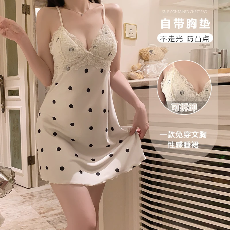 <​露屿>夏日深V加胸垫纯欲透视蕾丝甜美冰感睡裙纯欲风性感夏季