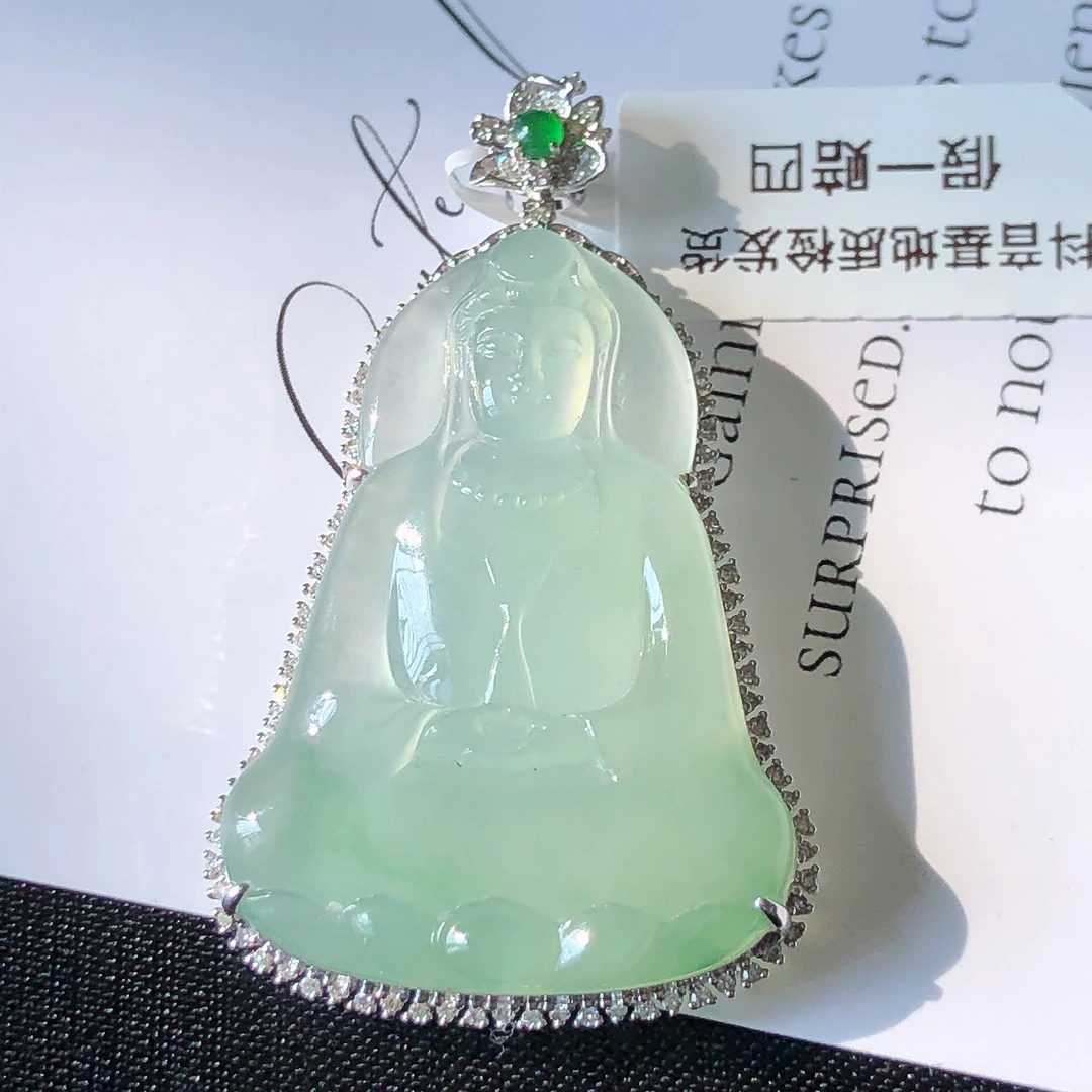 缅甸天然A货翡翠18k金镶嵌老坑冰种素衣观音吊坠尺寸48/28.5/8