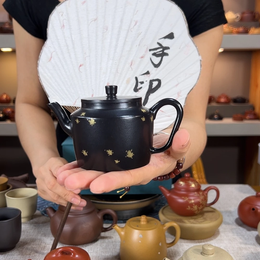抖***子茶壶紫砂朱泥焐灰 撒金 折肩宫灯 170cc