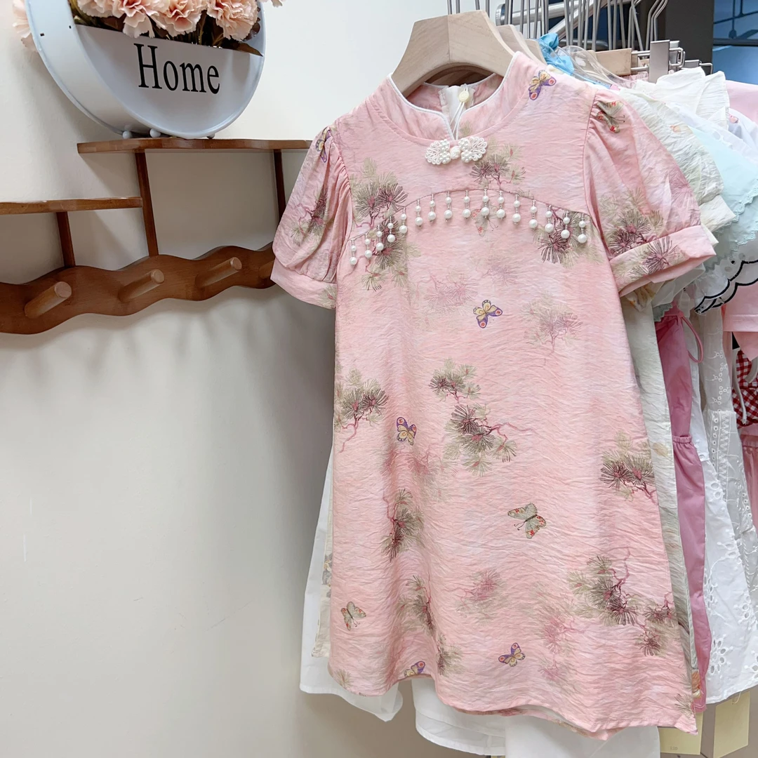 4557~女童夏季粉色蝴蝶旗 袍连衣裙~