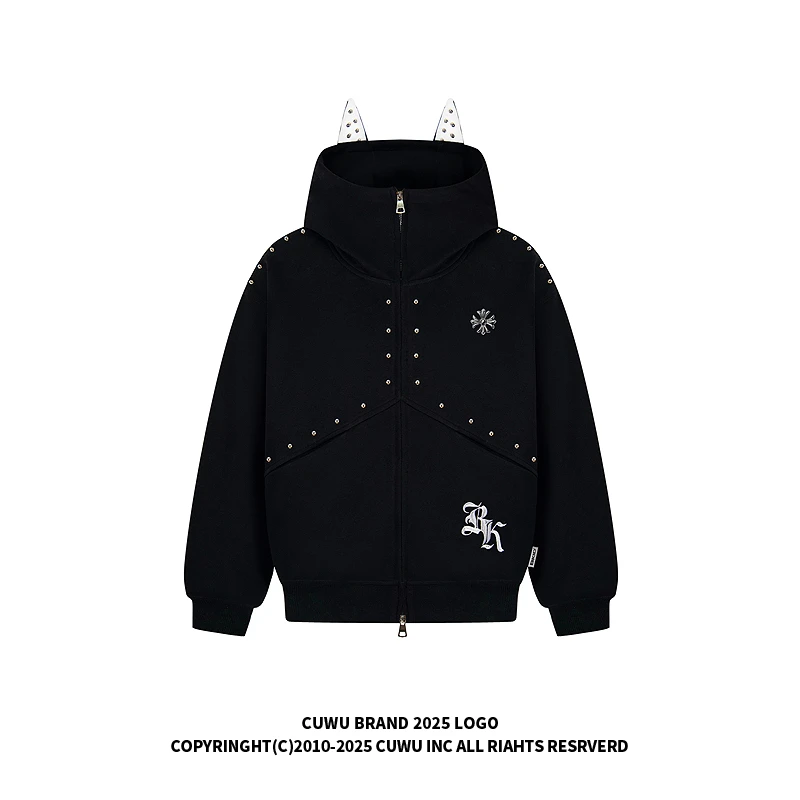 cuwu美式铆钉小恶魔连帽卫衣女男秋季情侣宽松慵懒风休闲开衫外套