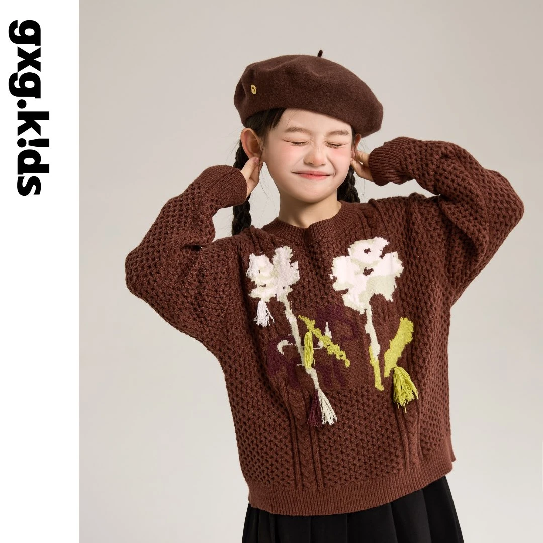 gxgkids25新冬时尚洋气圆领毛衫男女童休闲复古重工套头毛衣百搭