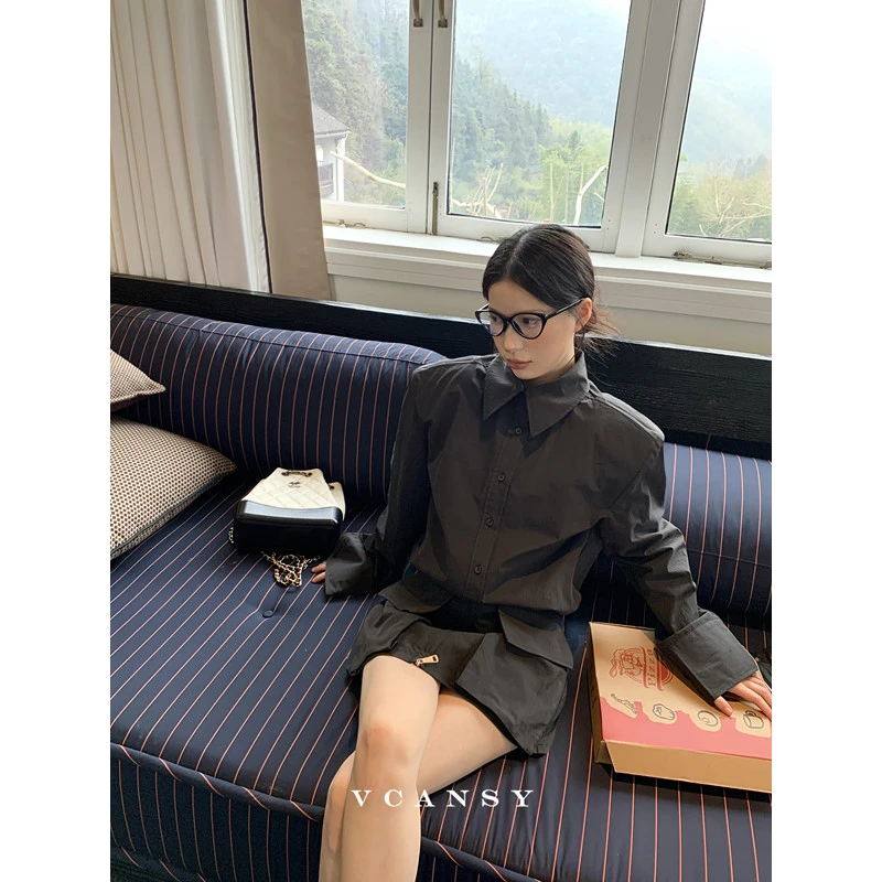 Vcansy新野 复古气质修身显瘦连衣裙女设计感小众长袖收腰衬衫裙