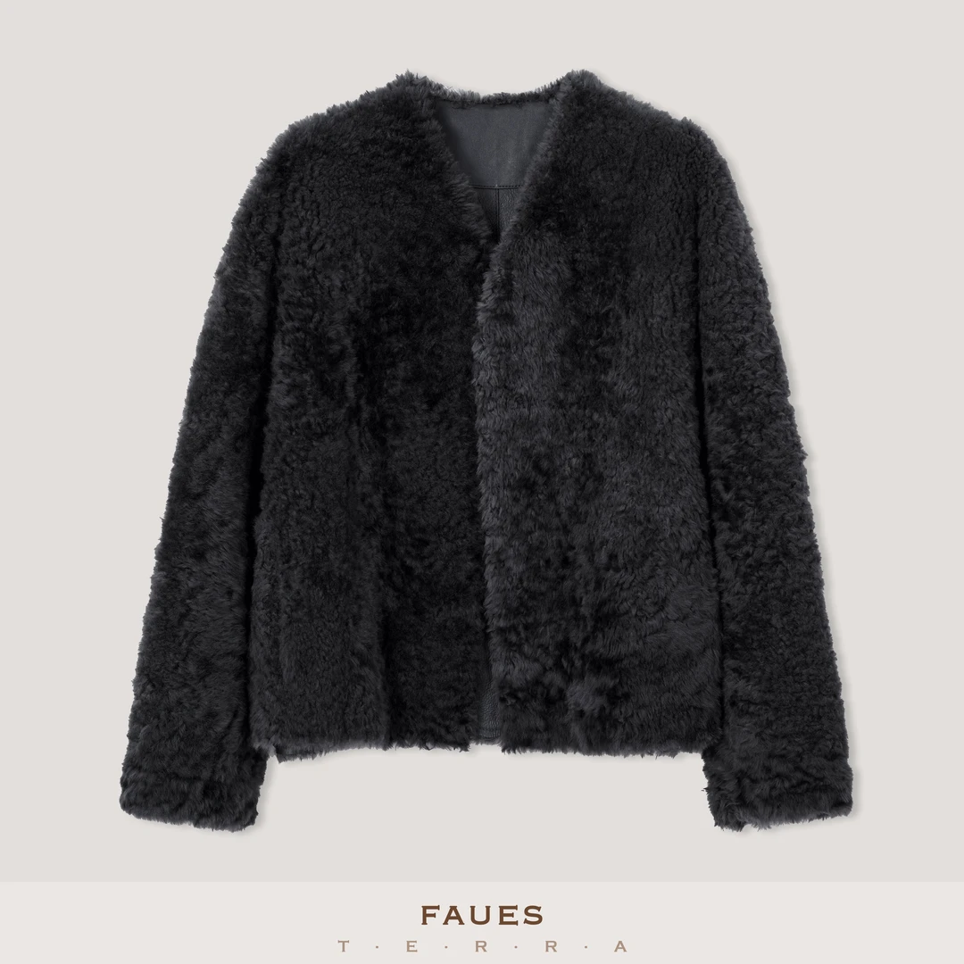 FAUES 西班牙拉贡LACON 细腻毛绒羊皮毛一体V领宽松马甲皮草外套