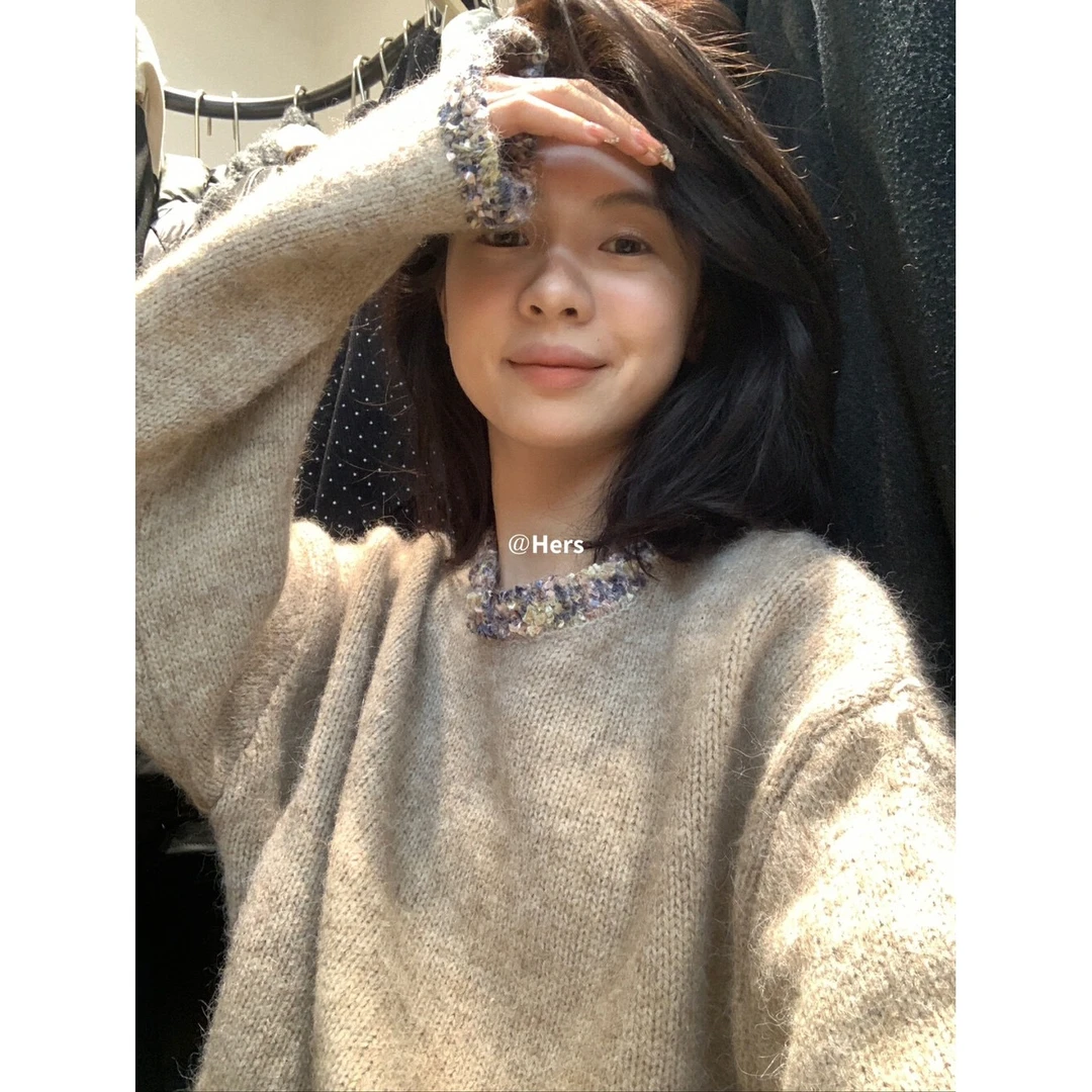 L-10478#韩系温柔慵懒风精致小香领口拼接保暖毛衣女百搭针织衫