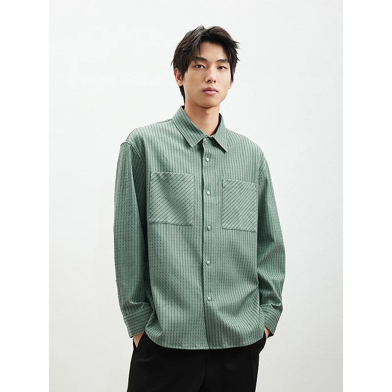 GXG男装欧若风25年春秋新品斜纹提花竖条衬衫长袖衬衫#G25D031013