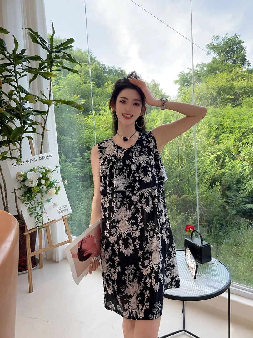 夏季薄款防凸点无袖睡裙法式大码圆领加宽加大家居服女士宽松透气
