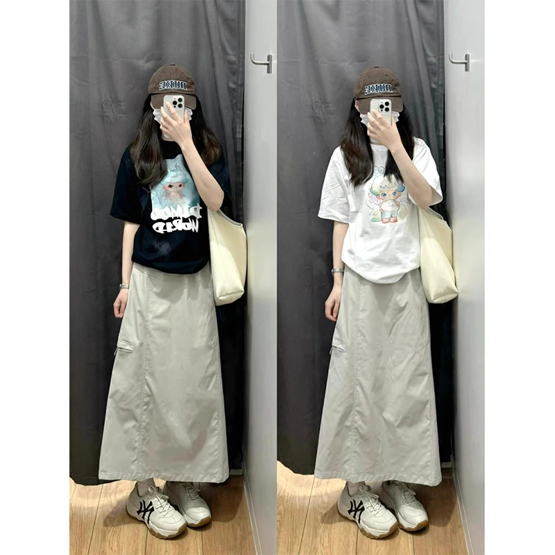 灰白色美式复古工装裙女新款梨形身材遮胯显瘦a字中长款半身裙子