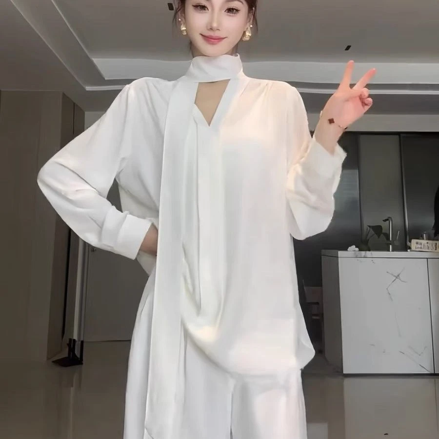 法式V领雪纺防晒衬衫女夏季宽松慵懒风设计感小众飘带高级感上衣