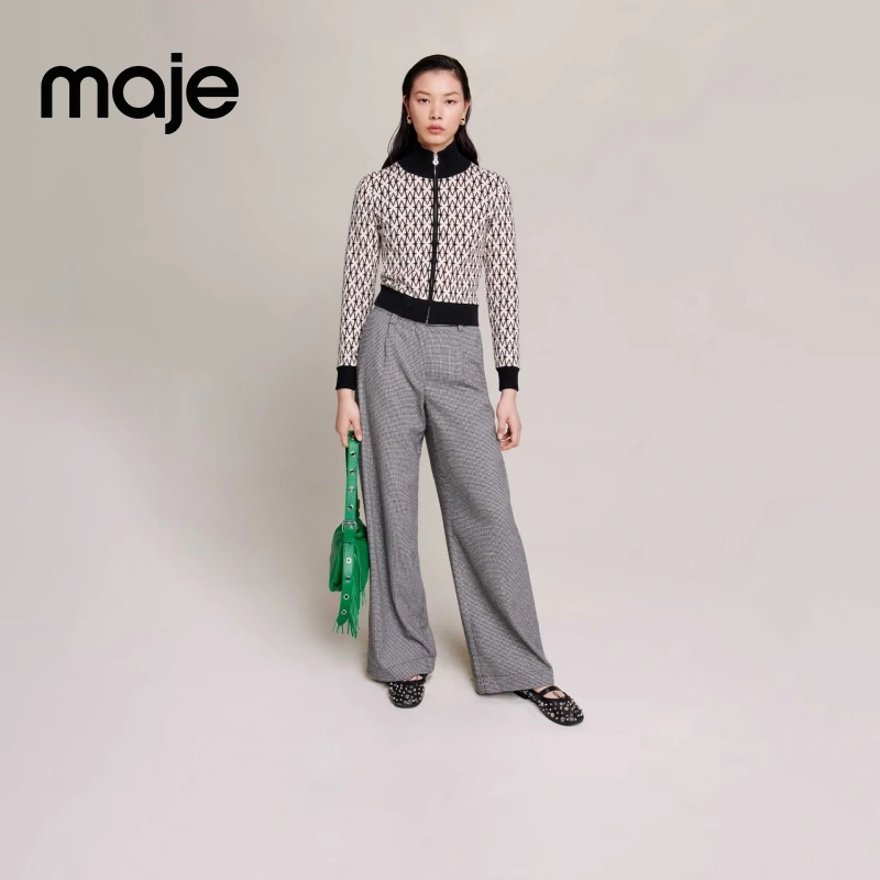 抖音双11|Maje女装法式经典黑白色格纹针织外套上衣MFPPU00716