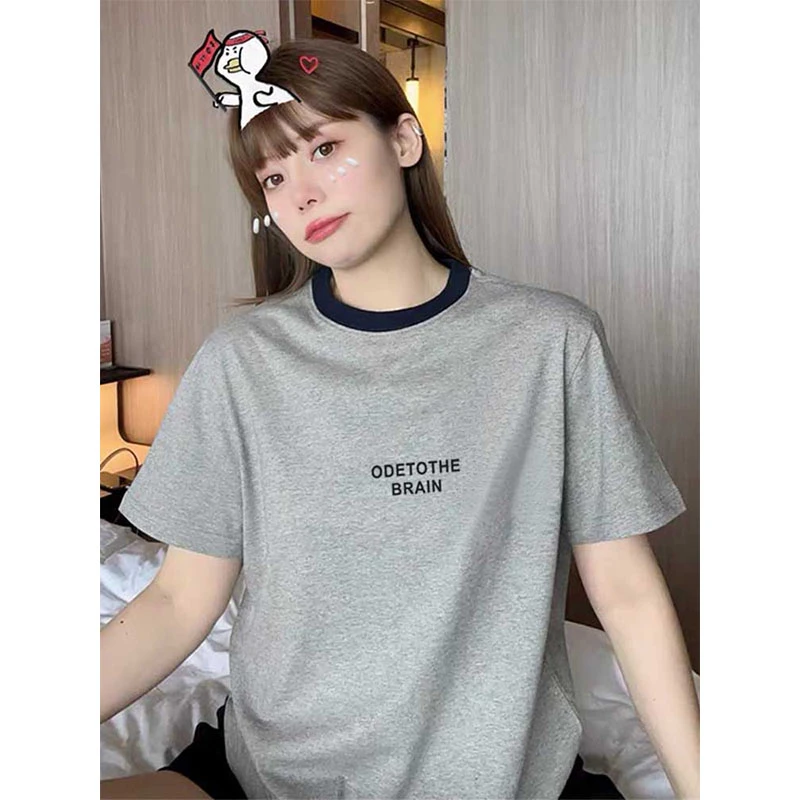 2025新款正肩撞色圆领短袖t恤女夏季设计感小众时尚百搭洋气上衣