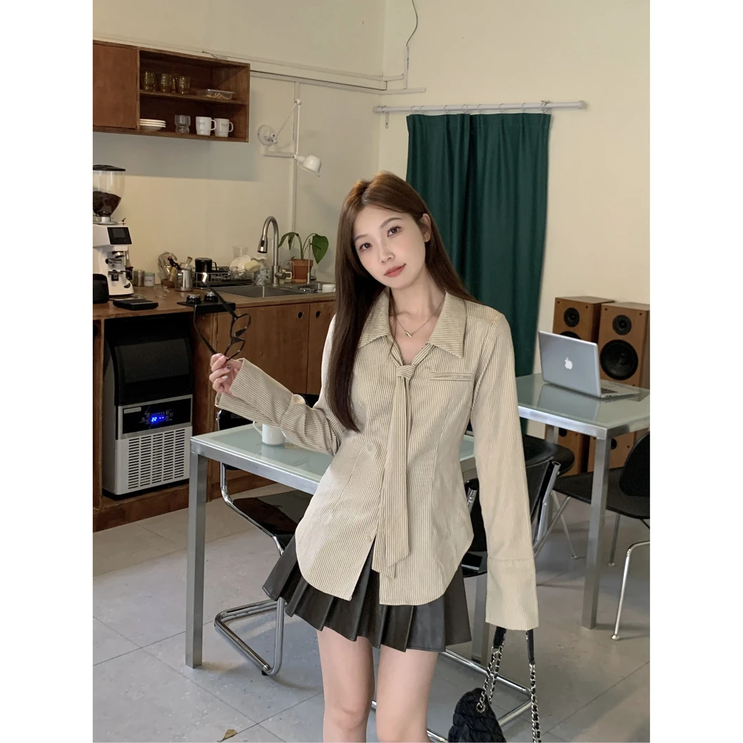 2025秋季新款美拉德小众条纹长袖收腰学院风衬衫上衣