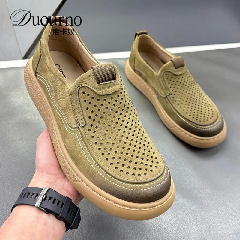 头层牛皮一脚蹬乐福鞋男舒适新款户外镂空透气头层牛皮软乐福鞋