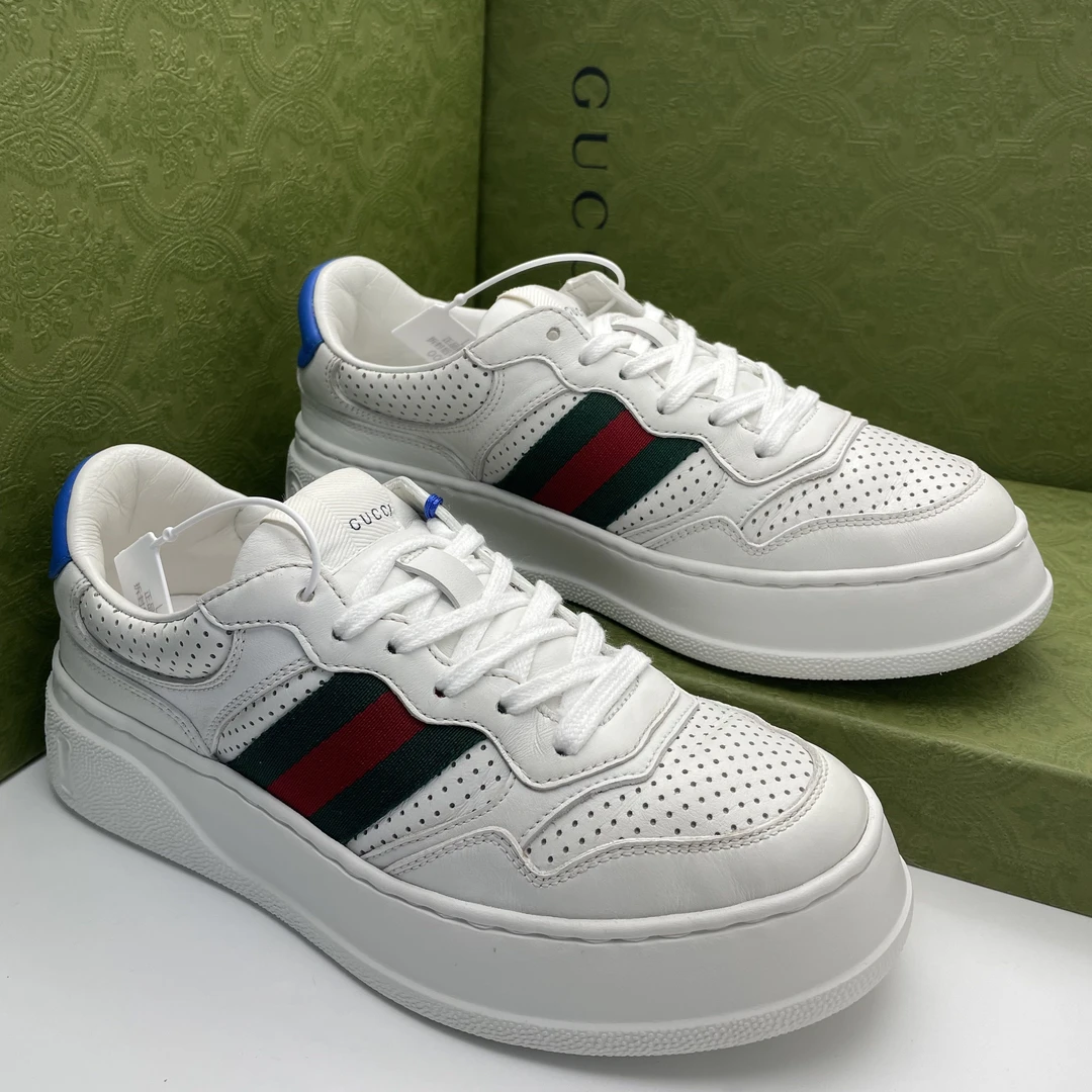 95新 GUCCI/古驰 /38.5欧码/男款 双G蓝尾拼织带白色时尚饼干鞋