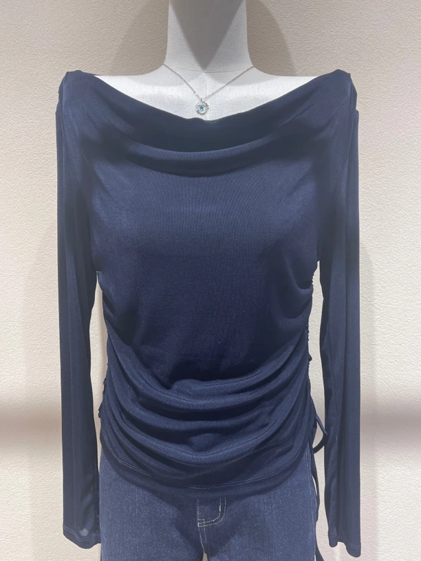 FONMEY梵迷 藏青抽绳露肩衫