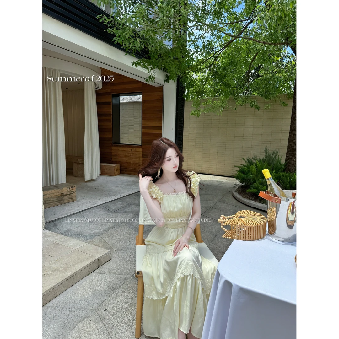 西恩定制●（白月光）夏季轻奢法式方领温柔设计感连衣裙LNX5LYQ3452