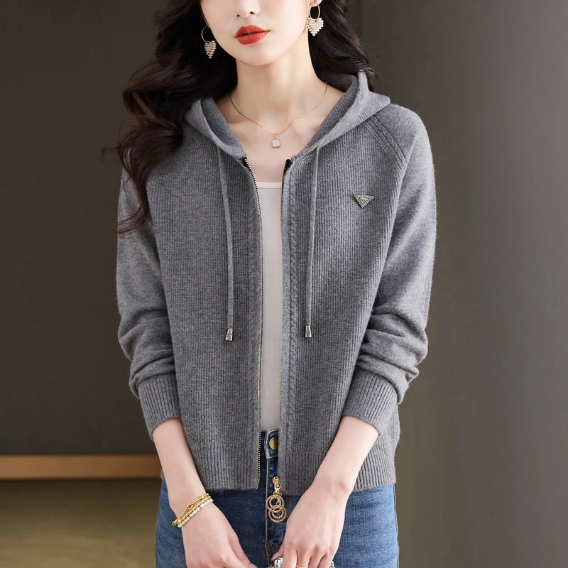 双拉链针织衫开衫女短款小个子连帽毛衣外套洋气减龄外披百搭上衣