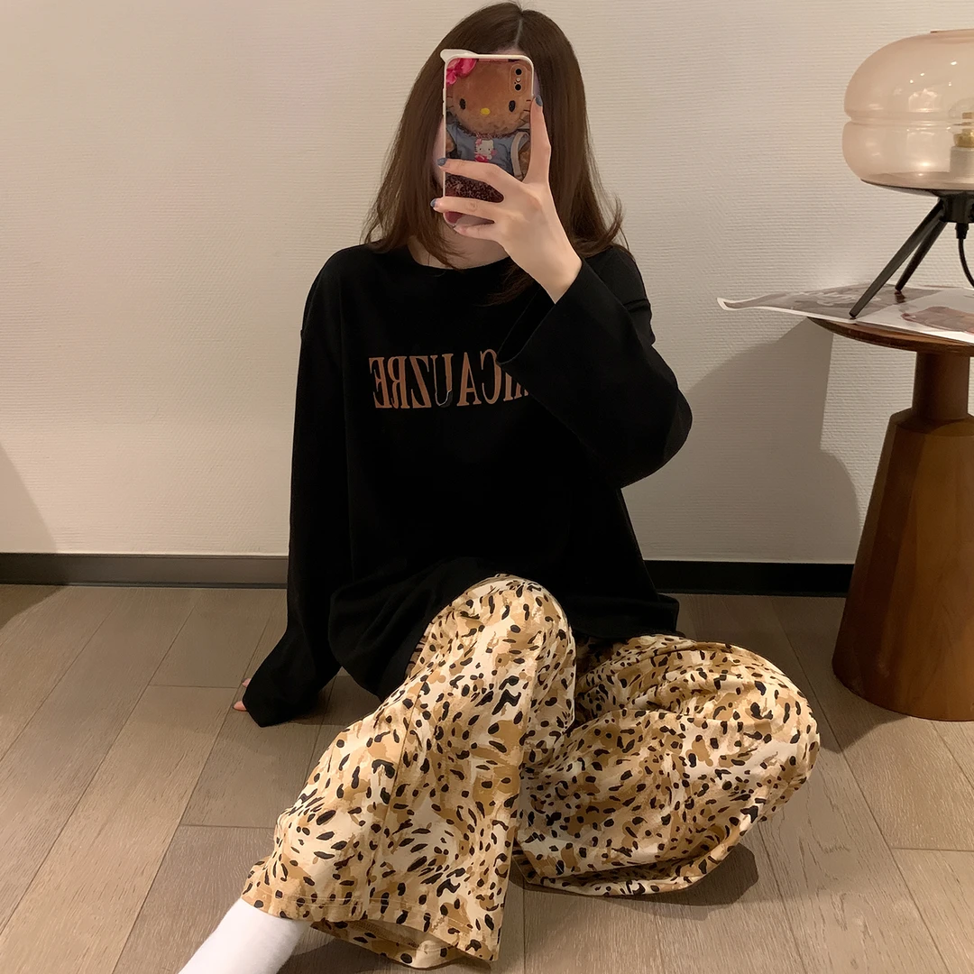 纯棉长袖长裤睡衣套装春秋2025新款圆领韩版休闲家居服秋冬季女款