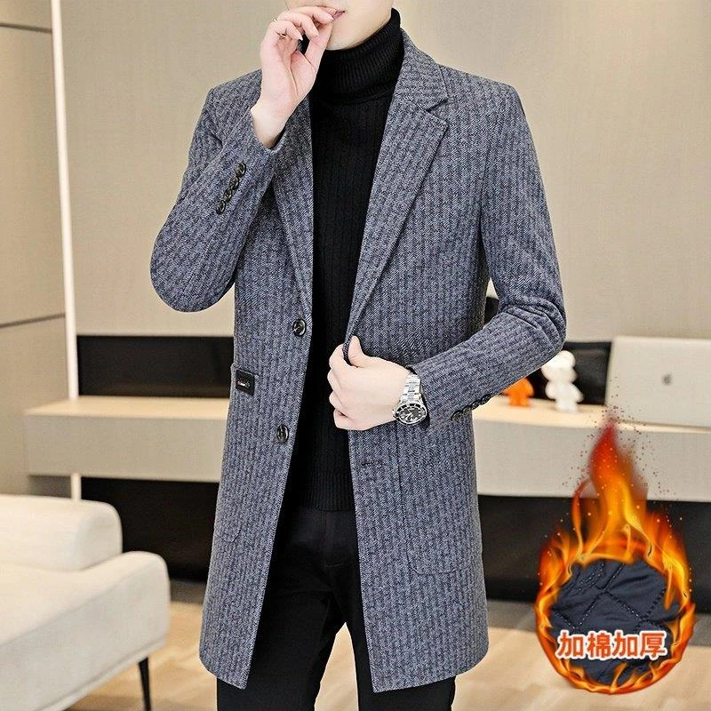 男士毛呢大衣男款秋冬款修身时尚加棉加厚休闲中长款西装领风衣男