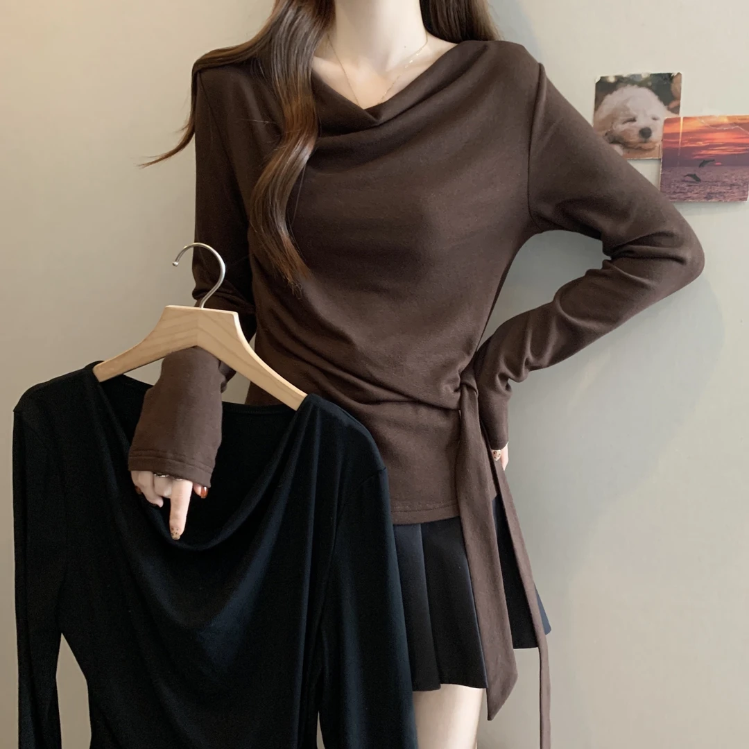 实拍2025新款胖MM秋款时尚设计感荡领飘带显瘦百搭别致上衣