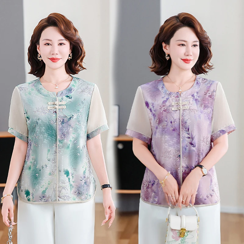 母亲节妈妈装夏装短袖T恤洋气上衣60岁中老年人夏季宽松显瘦T恤