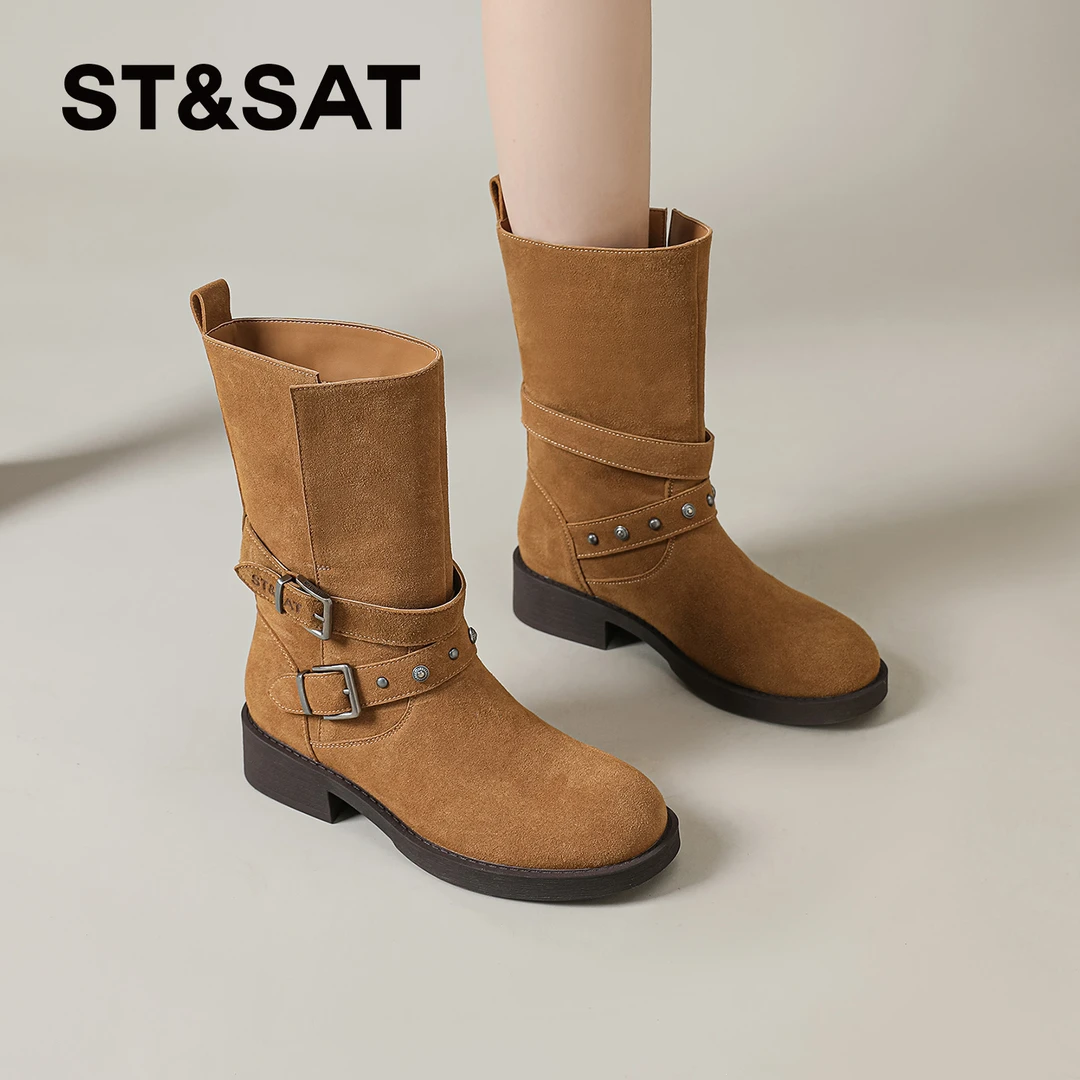 星期六时装靴女2025秋冬季爆款复古西部牛仔靴厚底骑士靴中筒靴爆