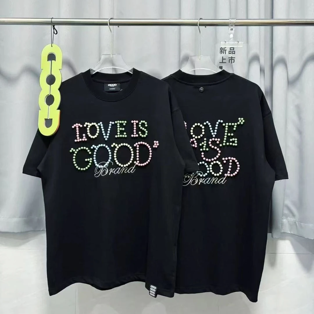 顶配版马卡龙限量LOVE IS GOOD彩色珍珠短袖T恤男女同款小圆领t恤