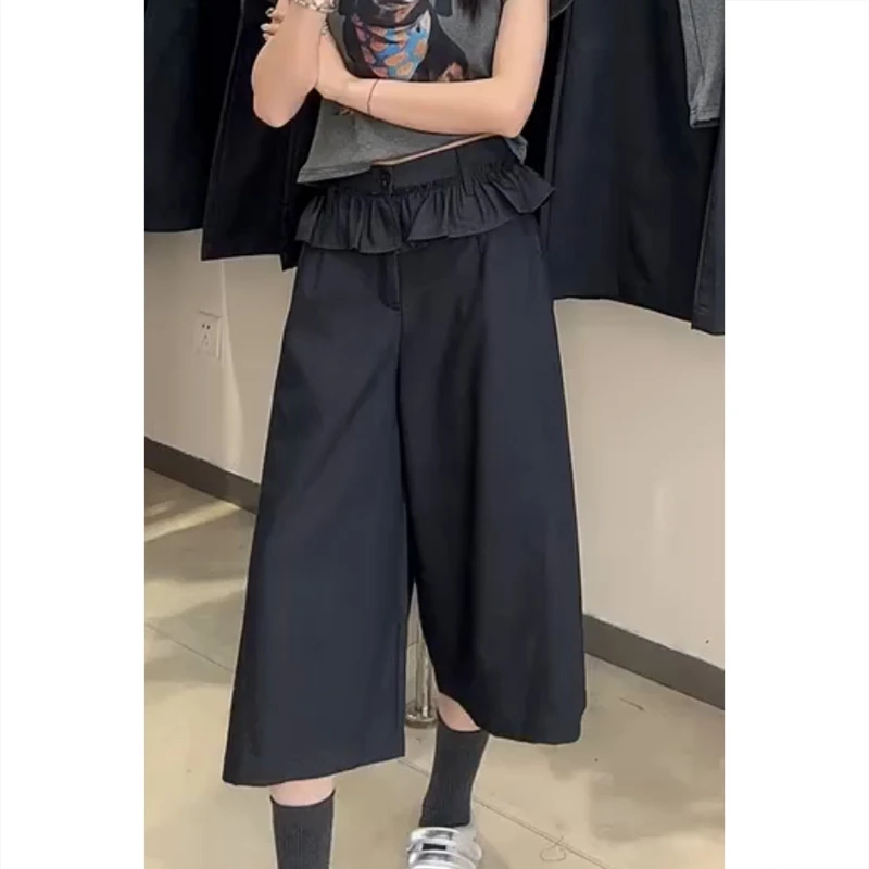 艾塔莉设计感花边休闲裤女夏季新款百搭直筒裤大码宽松七分阔腿裤